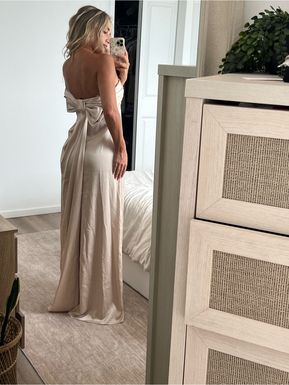 BCBGMaxAzria Strapless Satin Gown in Champagne